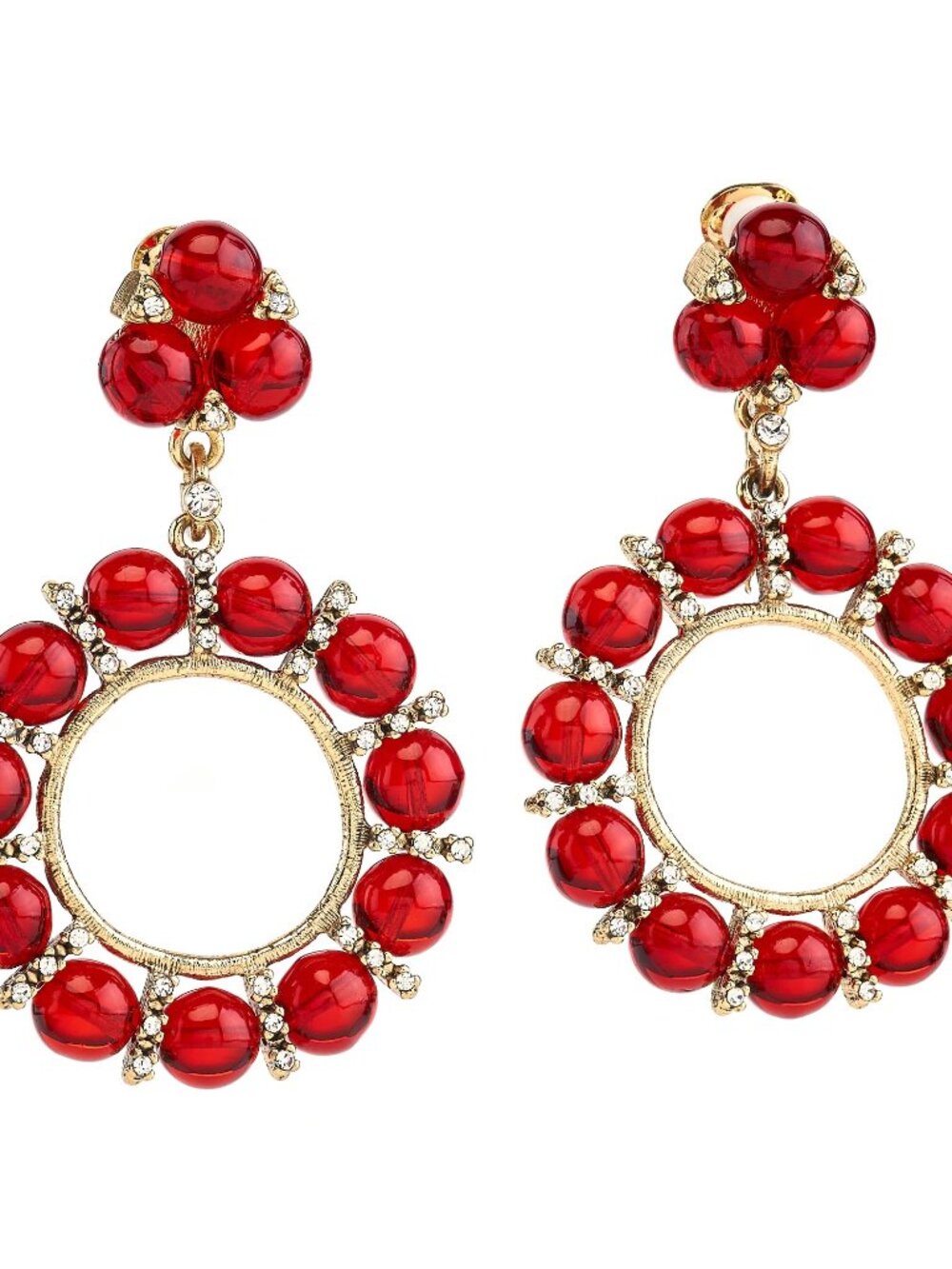 KENNETH JAY LANE, RUBY/CRYSTAL AND 10MM PEARL CLIP EARRINGS